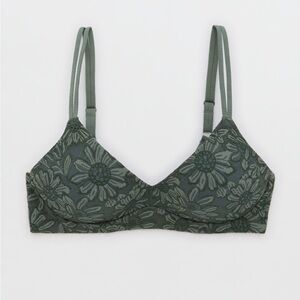 Aerie Sunnie Bloom Lace Wireless Push Up Olive Green Bra Size 34D